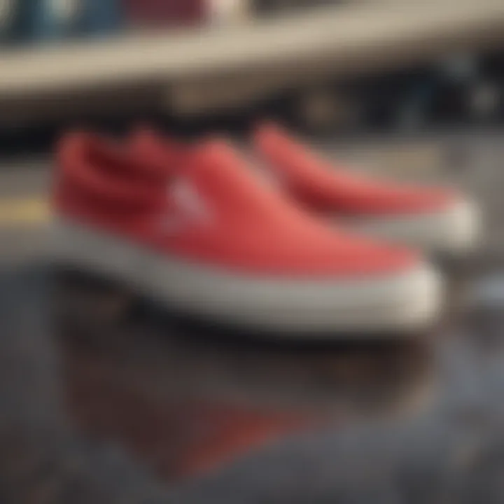 Close-up of the design details of red slip-on Vans