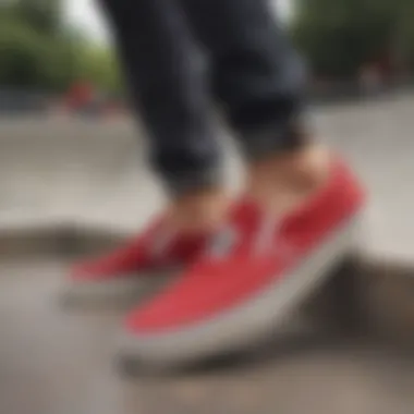 A skate park showcasing vibrant skate culture with red slip-on Vans