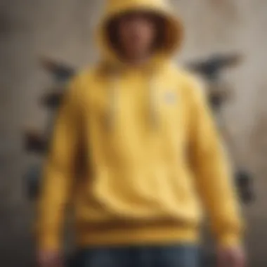 Artistic representation of a yellow hoodie layered with skateboarding accessories.