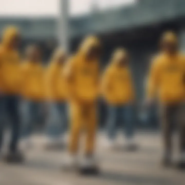 A group of skaters gathered, all wearing yellow hoodies.