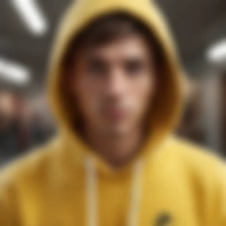 Close-up of a skater wearing a yellow hoodie, showcasing style.