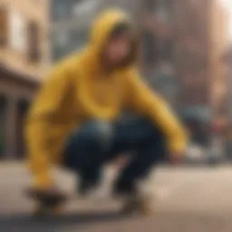 A vibrant yellow hoodie hanging on a skateboard.