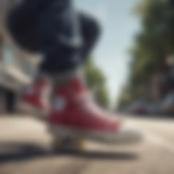 Skateboarder wearing Converse high tops in action.