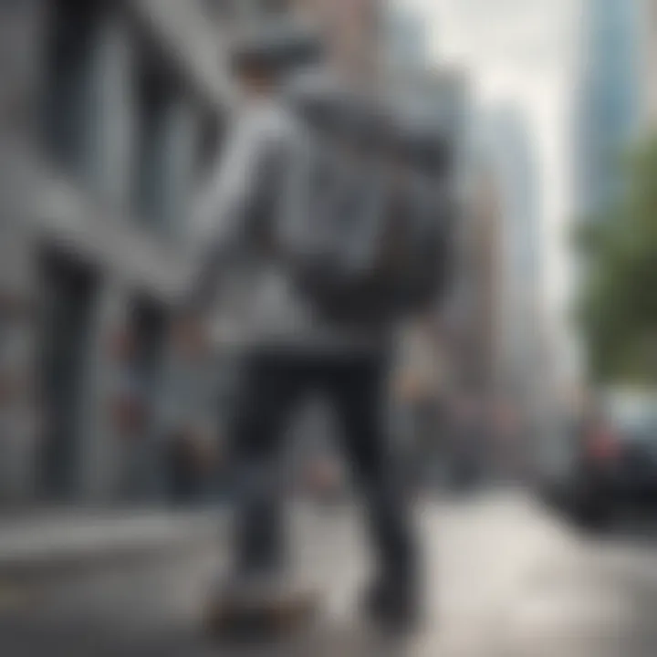 Skateboarder using a grey backpack in an urban setting