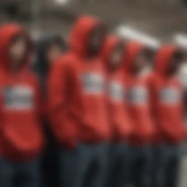 A group of skateboarders, each wearing different styles of red and black hoodies, capturing diversity in expression.