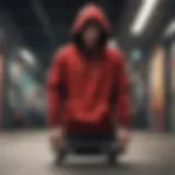 A vibrant red hoodie draped over a skateboard, symbolizing the boldness of skate culture.