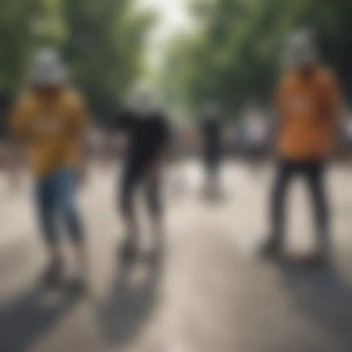 A group of skaters wearing bucket hats at a skate park