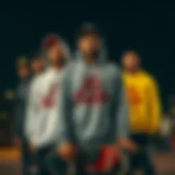 A group of skateboarders wearing La Familia hoodies showcasing their style