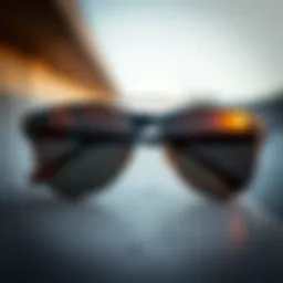 Close-up view of straight top sunglasses showing unique design elements