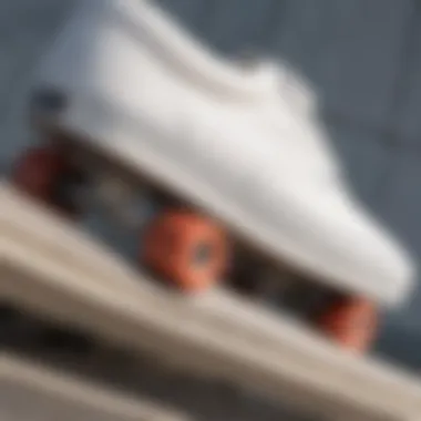The Essential Blend of Style and Functionality A close-up of plane white vans on a skateboard