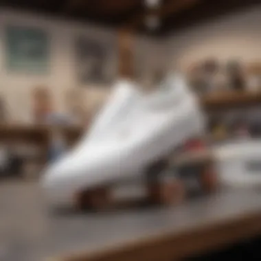 A Staple in Skateboarding Retail Collection of plane white vans in a skate shop