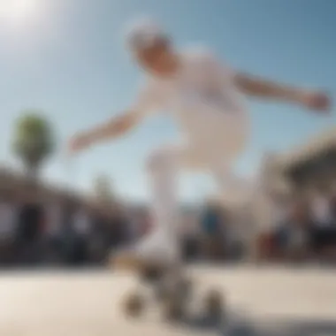 Showcasing Performance in Action Skater performing a trick wearing plane white vans