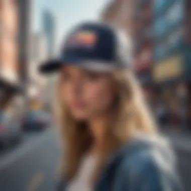 A Roxy trucker cap positioned against an urban background