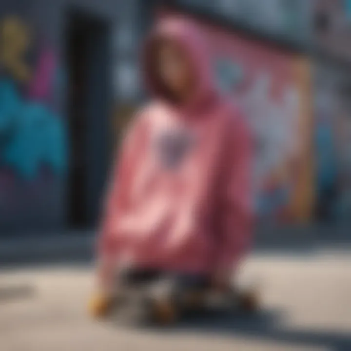 A stylish Diamond Brand hoodie displayed on a skateboard against a vibrant graffiti backdrop.