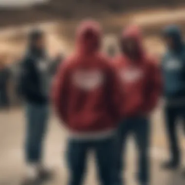 Group of skateboarders wearing Diamond Brand hoodies in an urban skate park setting.