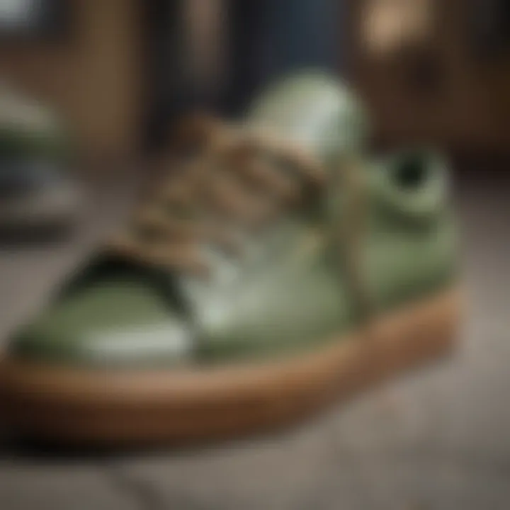 Close-up of the design details of army green shoes