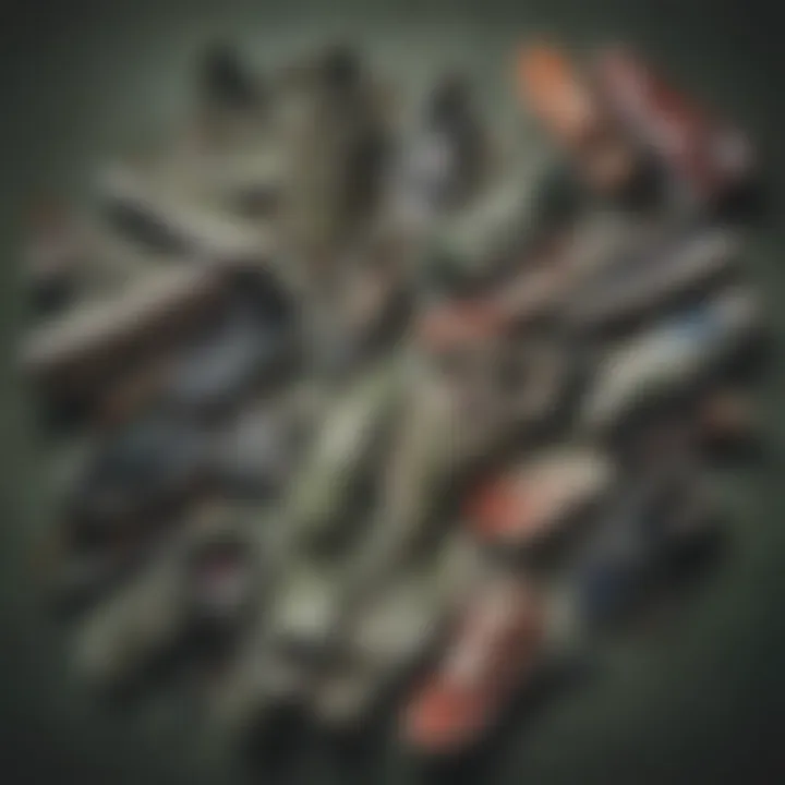 Collection of various skate shoes including army green variants