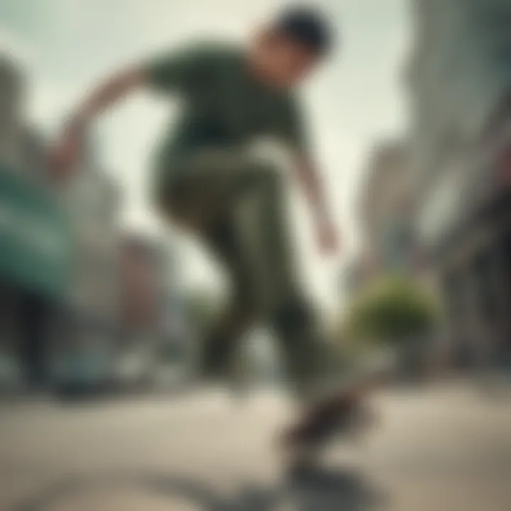 A skateboarder performing a trick while wearing army green shoes