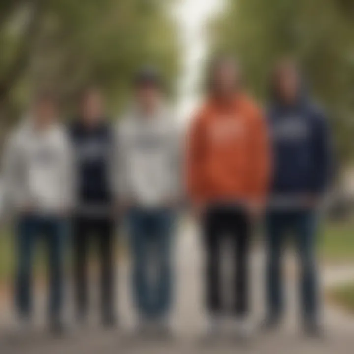 Group of skateboarders wearing Champion sweatshirts in a park