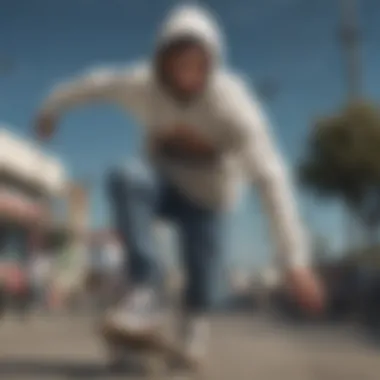 Champion hooded zipper sweatshirt on a skateboarder in action