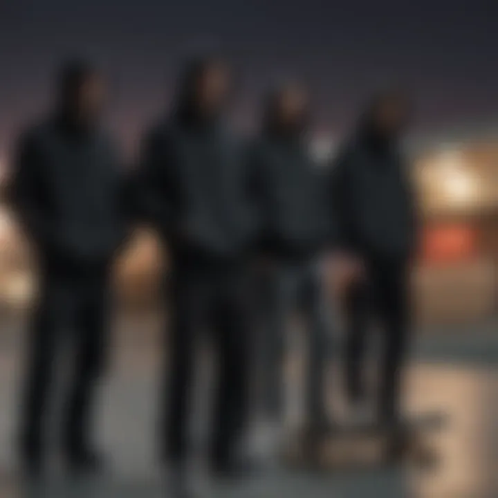 A group of skateboarders wearing black hoodies at a skate park