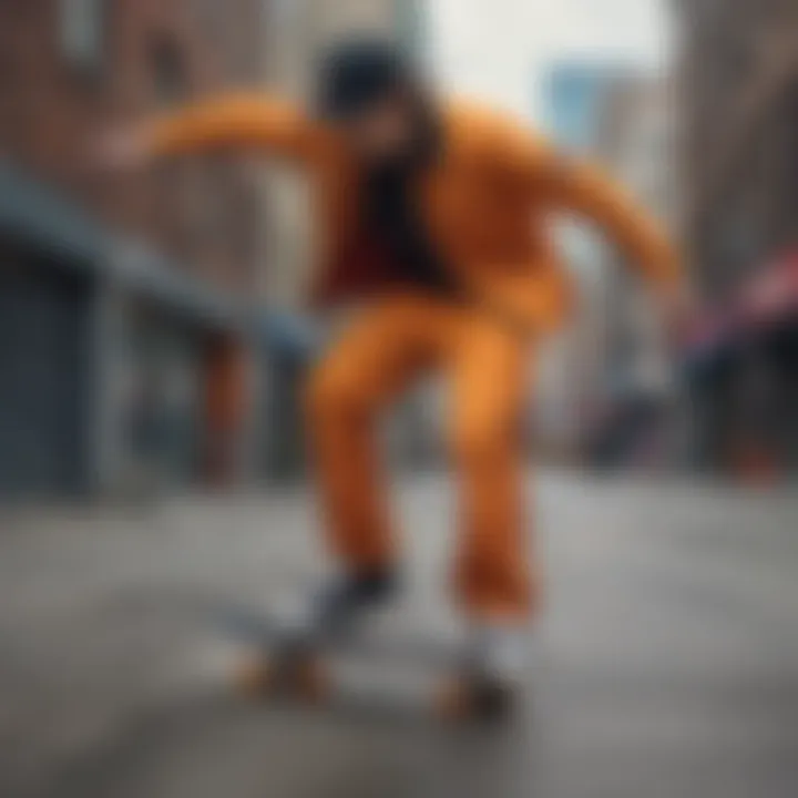 A skater wearing Dickies in dynamic colors against an urban backdrop.