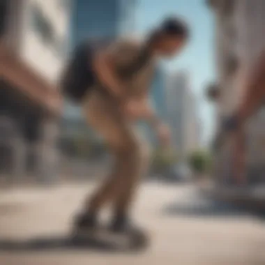 Skateboarder using a bum bag in an urban setting