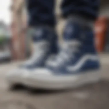 Close-up of navy high top Vans detailing