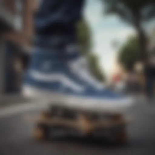 Navy high top Vans on a skateboard