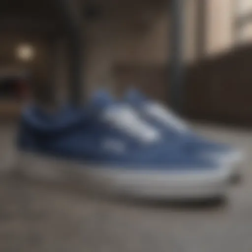 A close-up view of dark navy blue Vans showcasing their classic design.