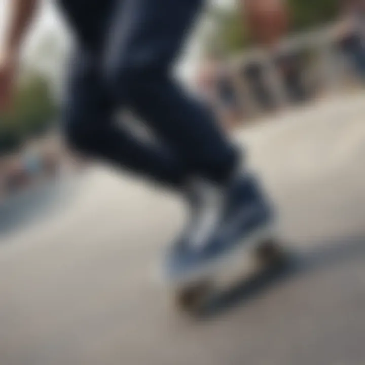 Skaters performing tricks while wearing dark navy blue Vans at a skate park.