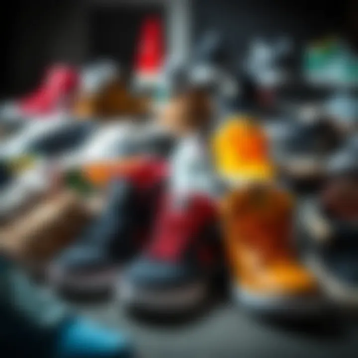 A collection of various skate shoes arranged artistically