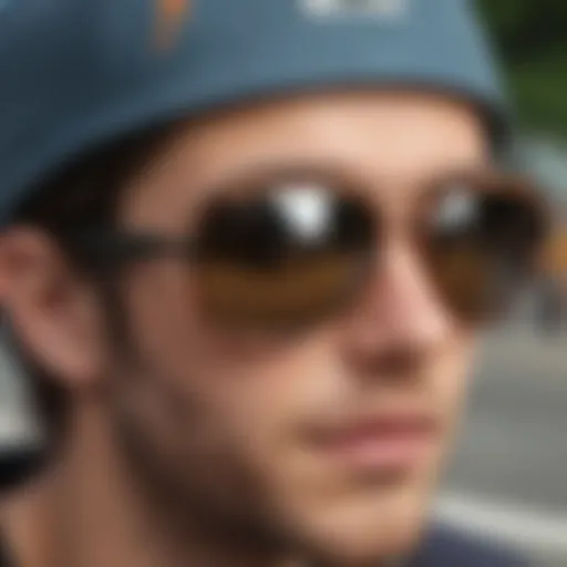 Close-up of stylish skater sunglasses reflecting a skate park