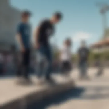 A group of skaters enjoying their time at the skate park, wearing the Adidas Original tee shirt.