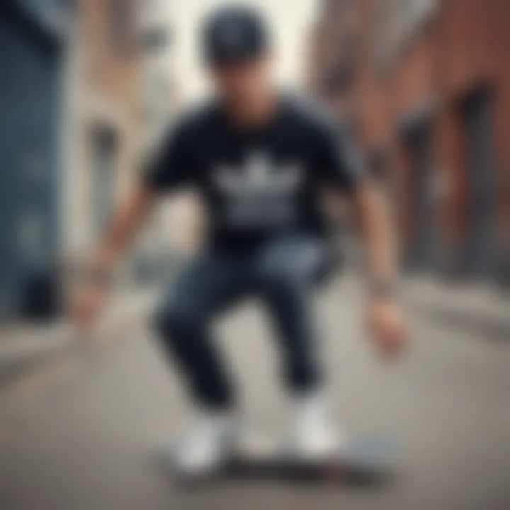 Skater wearing the Adidas Original tee shirt showcasing its fit in an urban environment.