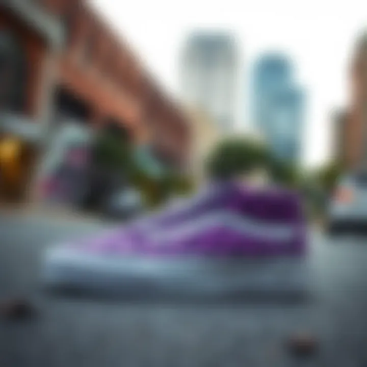 Purple checkered Vans in urban street setting