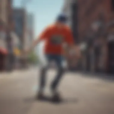 A vibrant urban setting with a skater wearing a Young and Reckless graphic tee.