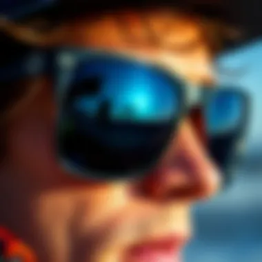 Close-up of sunglasses showcasing UV protection