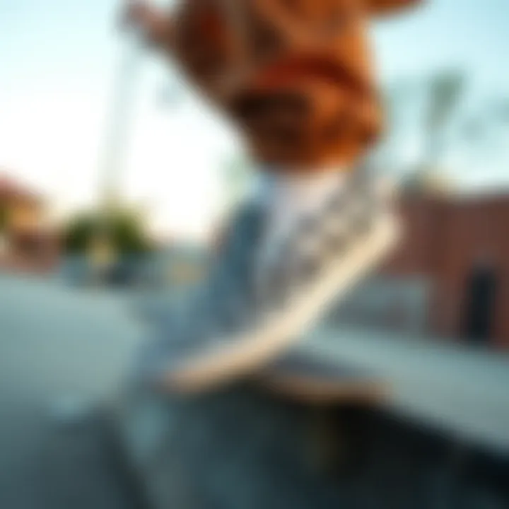 Skater performing tricks while wearing Vans Checkerboard Slip-Ons
