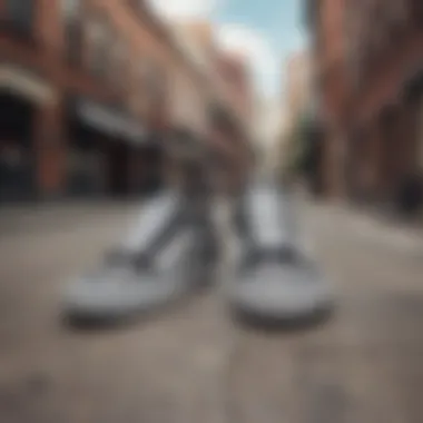 A stylish urban backdrop featuring a pair of Vans checkered Old Skool shoes.