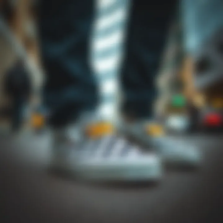 A stylish urban setting with Vans Slip-On Checkerboard shoes being worn casually on the street.