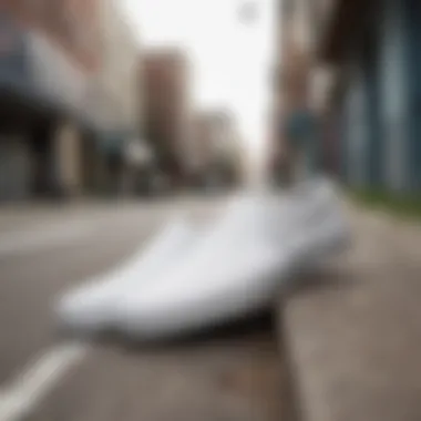 Vans Slip-On True White in Action Vans Slip-On True White in an urban skateboarding environment.