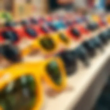 A variety of colorful sunglasses on display